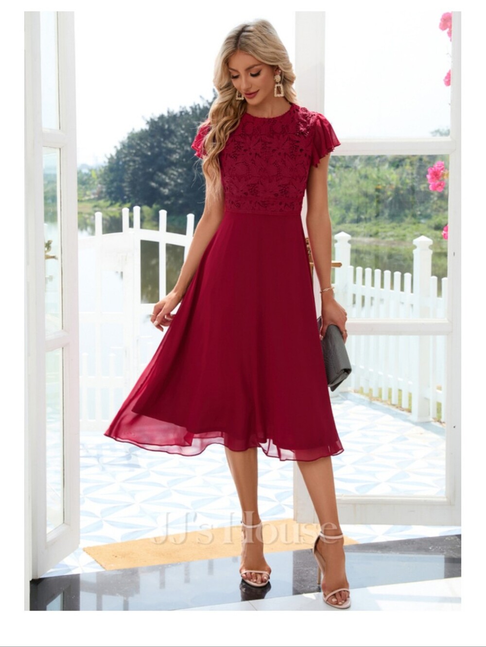 JJs House Athelais Burgundy Lace Bodice Midi Dress - Picture 3 of 10